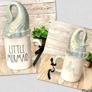 NWT Rae Dunn "LITTLE MERMAID” White Ceramic Mug & Green Iridescent Tail Lid